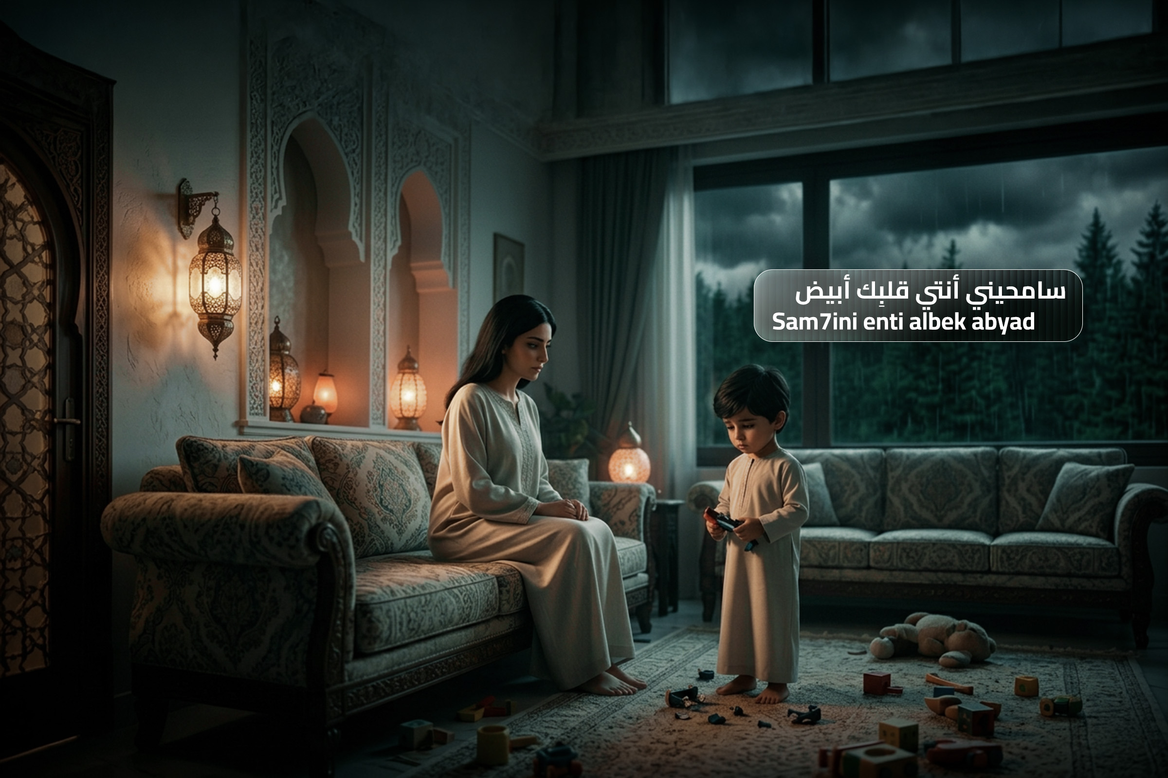 A warm emotional scene of a mother and child indoors with toys around, representing the Arabic phrase “Albak abyad” meaning “your heart is pure” or “you have a clean heart.”