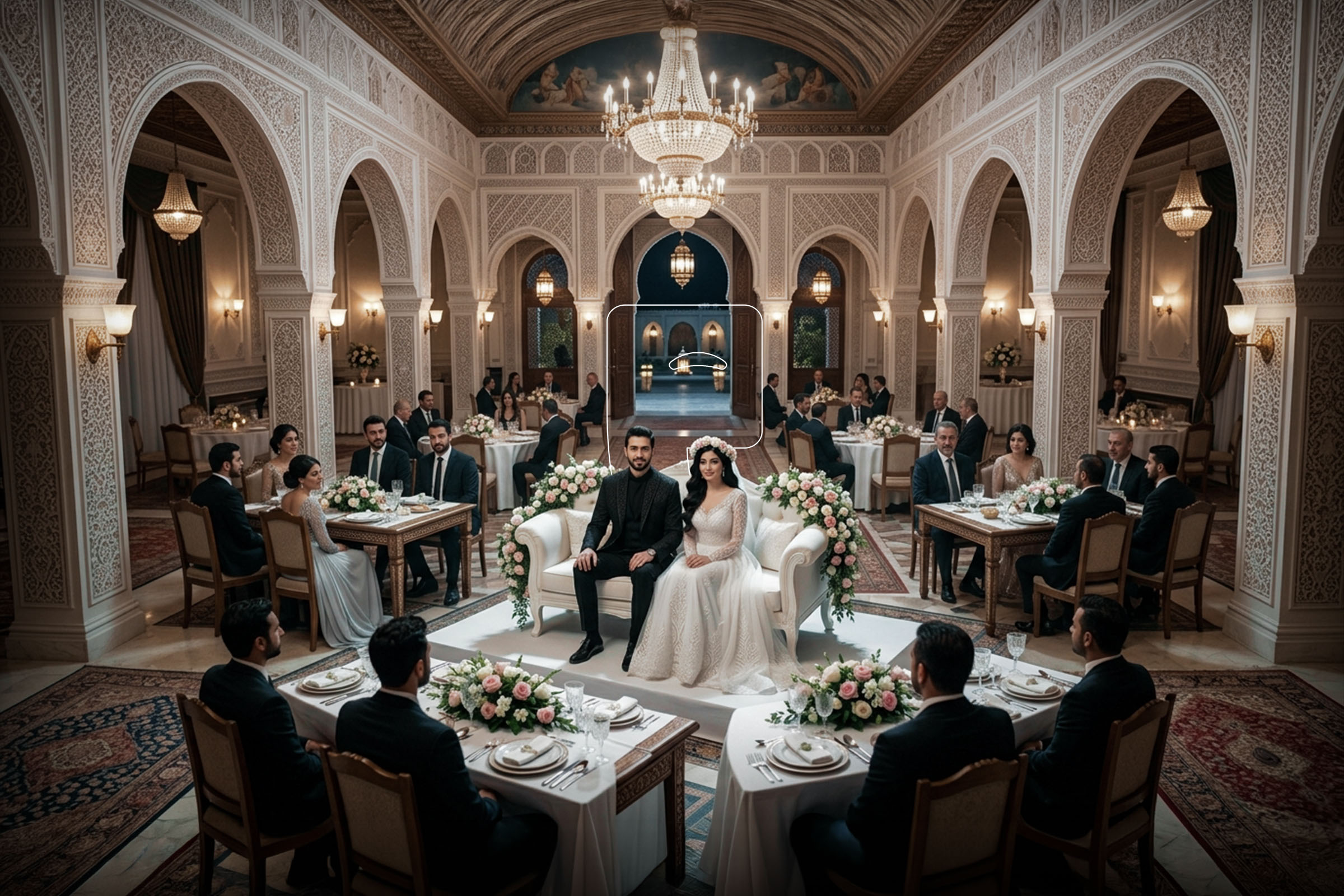 Bride and groom seated at a traditional Syrian wedding reception surrounded by family and guests in an ornate hall. Bride and groom seated at a traditional Syrian wedding reception surrounded by family and guests in an ornate hall.