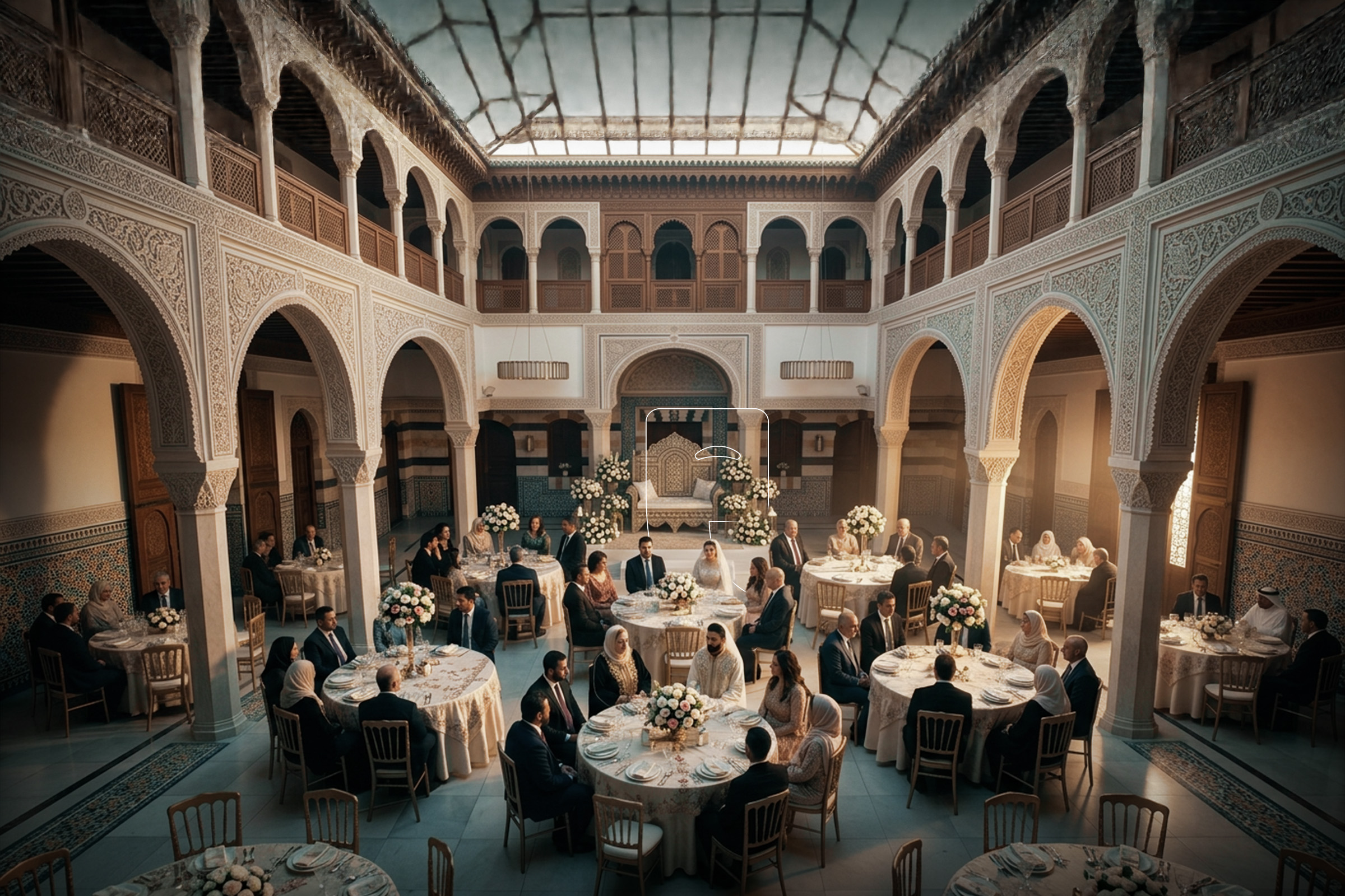 A traditional Syrian wedding reception in a historic courtyard with family, guests, and floral decorations.