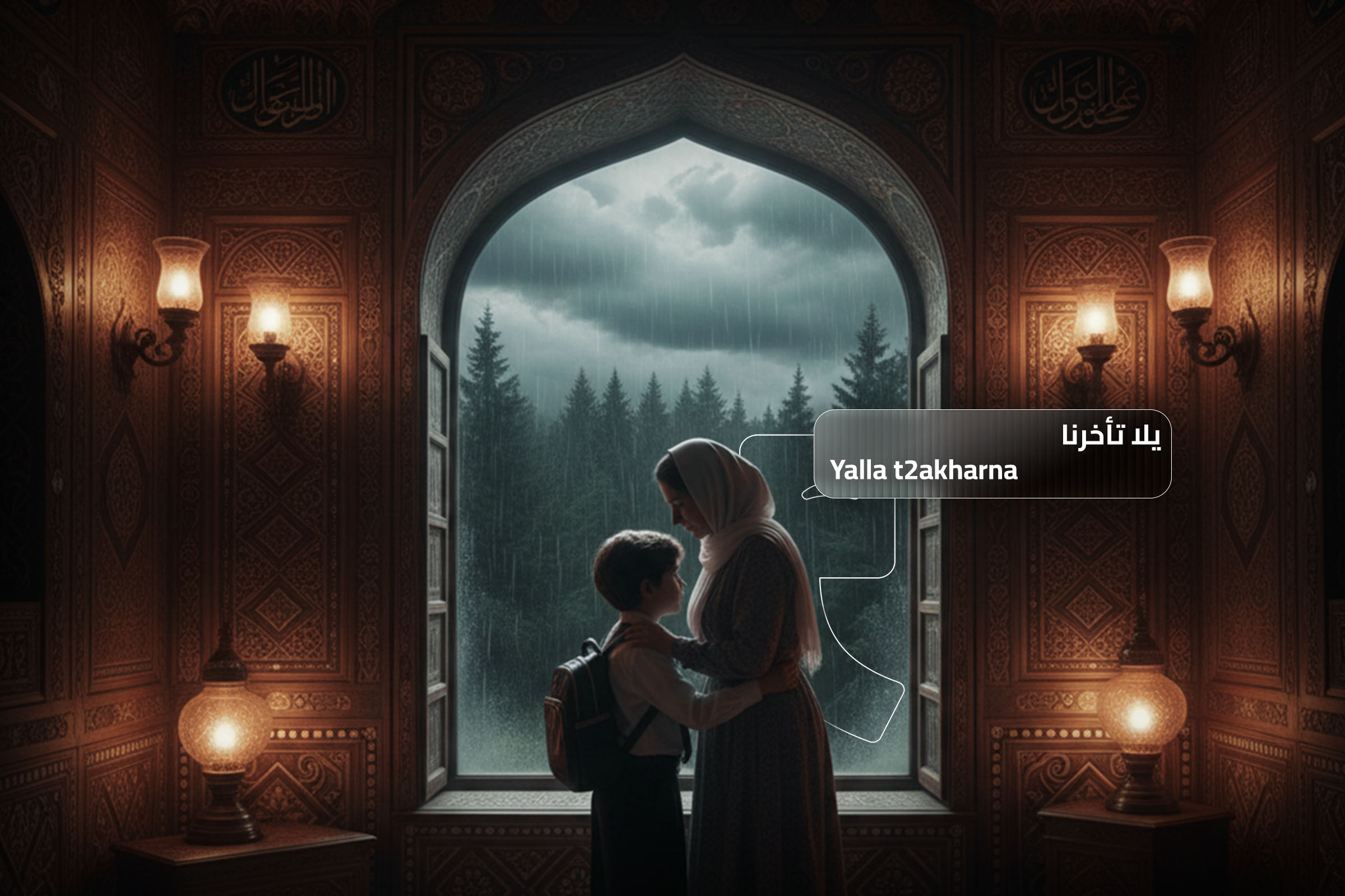 Yalla t2akharna (يلّا تأخرنا) meaning "Come on, we're late" in Syrian Arabic, illustrated with a mother and child preparing to leave on a rainy day. Yalla t2akharna (يلّا تأخرنا) meaning "Come on, we're late" in Syrian Arabic, illustrated with a mother and child preparing to leave on a rainy day.