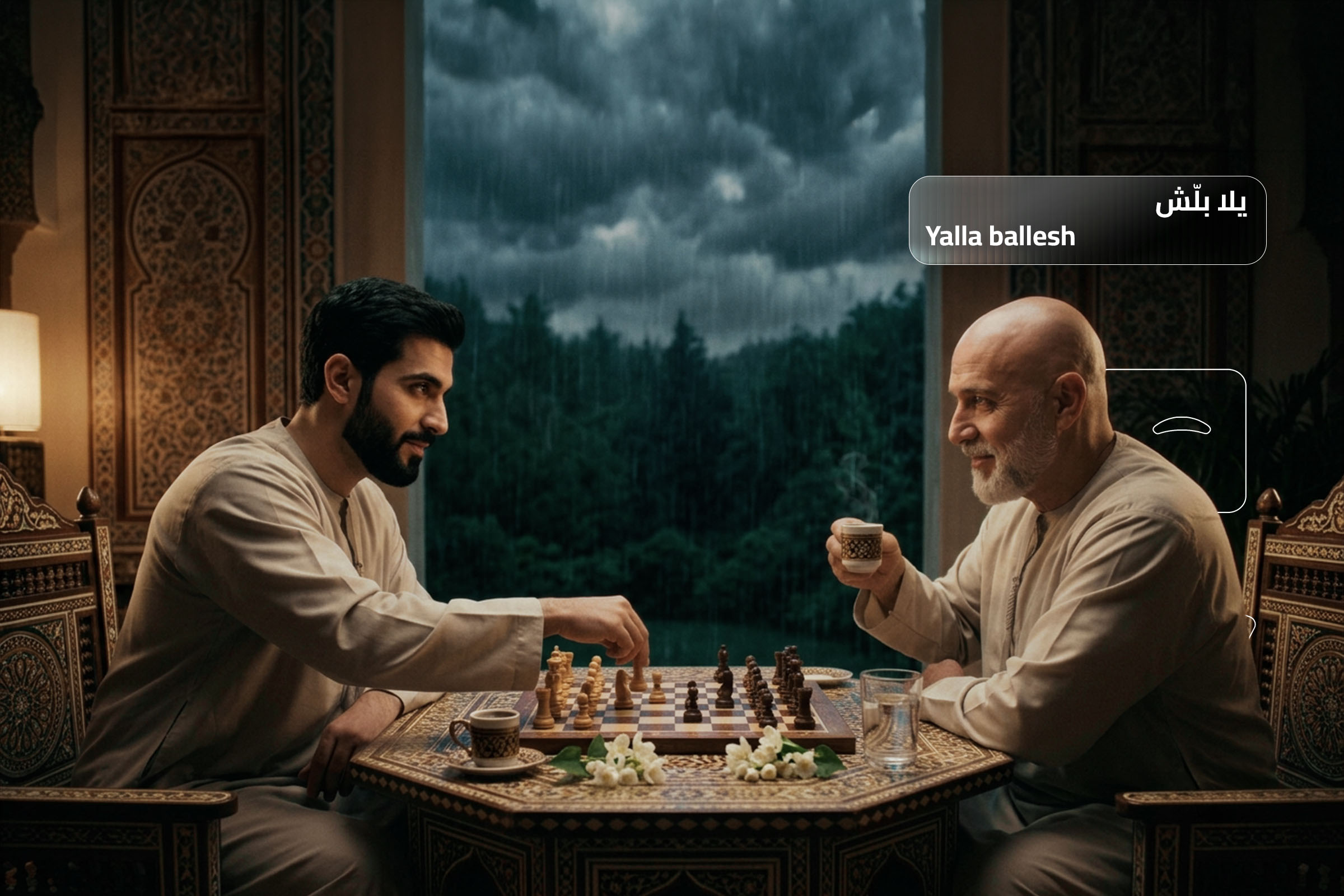 Yalla ballesh (يلّا بلّش) meaning "Come on, start!" in Syrian Arabic, illustrated with two men playing chess and drinking Arabic coffee in a traditional Syrian setting. Yalla ballesh (يلّا بلّش) meaning "Come on, start!" in Syrian Arabic, illustrated with two men playing chess and drinking Arabic coffee in a traditional Syrian setting.