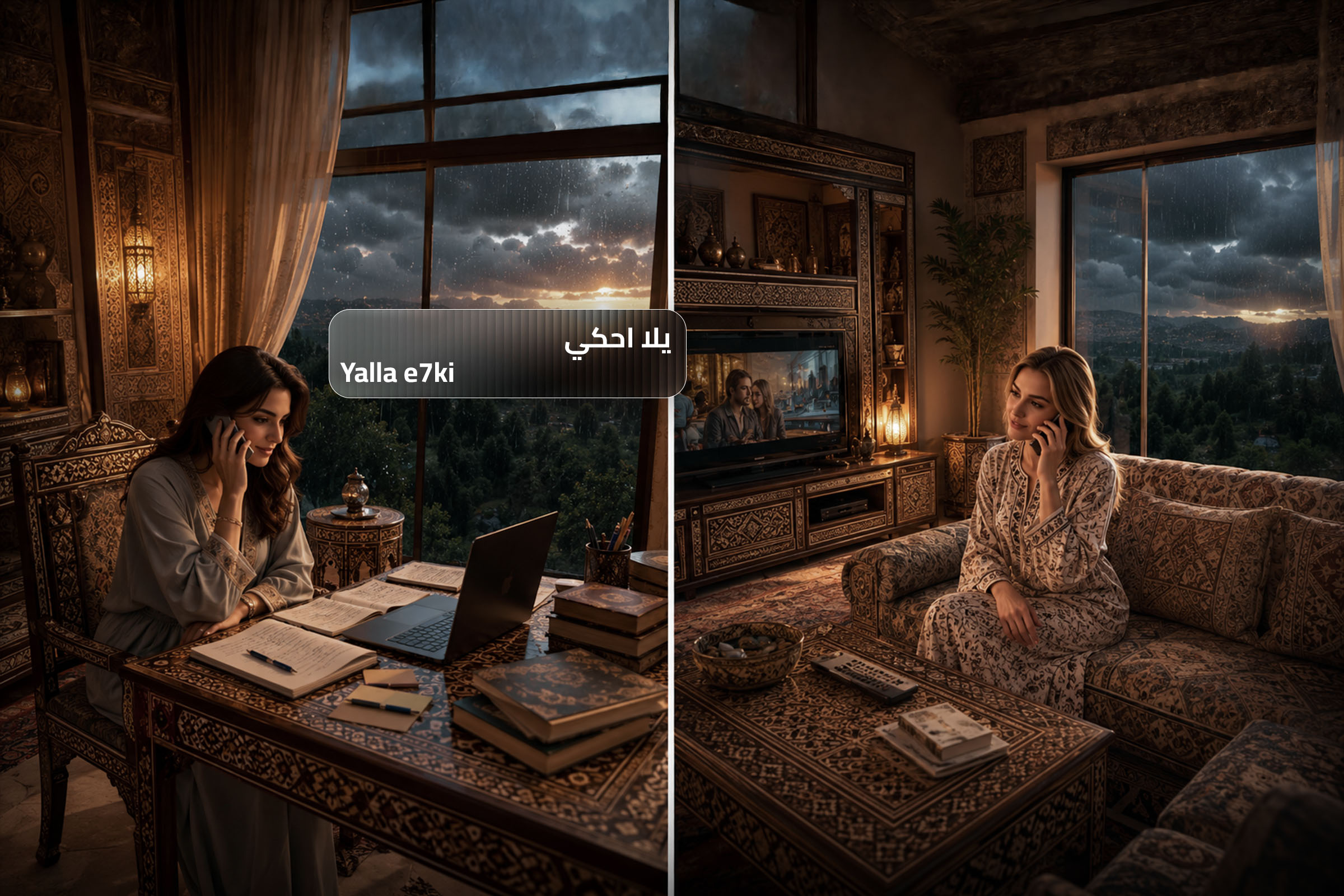Yalla e7ki (يلّا احكي) meaning "Go ahead, speak!" in Syrian Arabic, illustrated with two people having a phone conversation in traditional Syrian homes. Yalla e7ki (يلّا احكي) meaning "Go ahead, speak!" in Syrian Arabic, illustrated with two people having a phone conversation in traditional Syrian homes.
