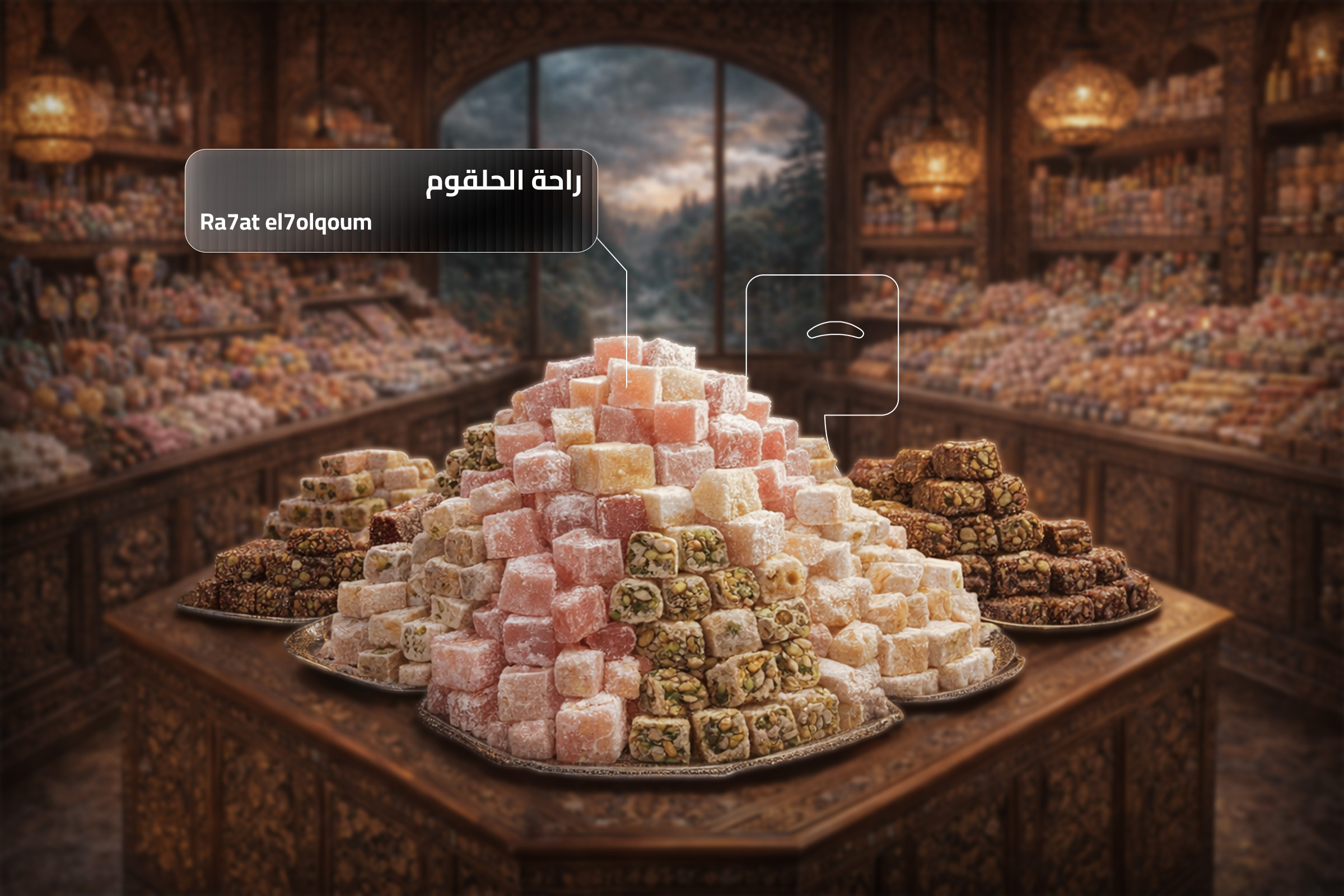 Traditional Syrian Rahat Al-Hulqum (Turkish Delight) dusted with powdered sugar and filled with pistachios. Traditional Syrian Rahat Al-Hulqum (Turkish Delight) dusted with powdered sugar and filled with pistachios.