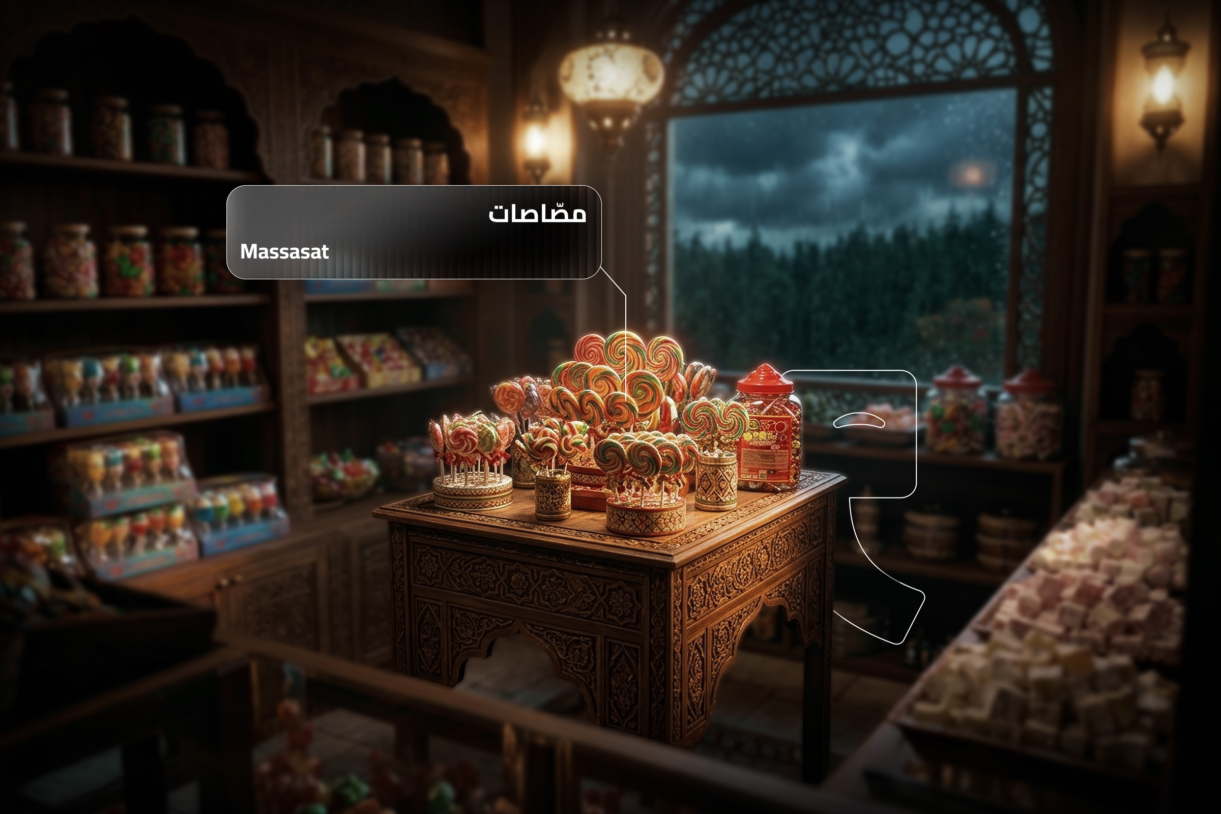 Massasat (مصاصات) colorful Syrian childhood lollipops displayed inside a traditional candy shop. Massasat (مصاصات) colorful Syrian childhood lollipops displayed inside a traditional candy shop.