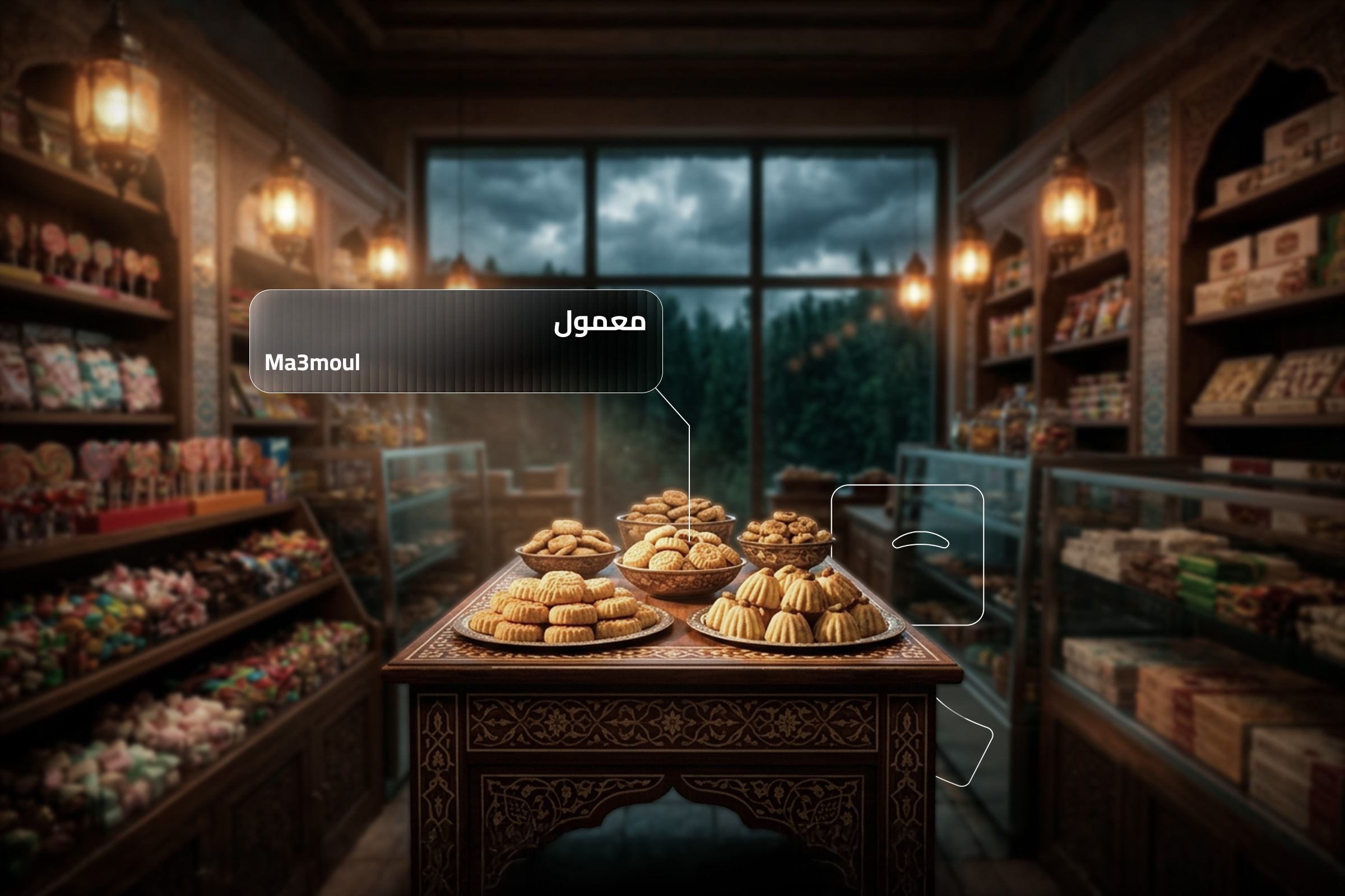 Traditional Syrian Maamoul cookies displayed in a classic sweet shop, a popular treat during Eid and family celebrations. Traditional Syrian Maamoul cookies displayed in a classic sweet shop, a popular treat during Eid and family celebrations.