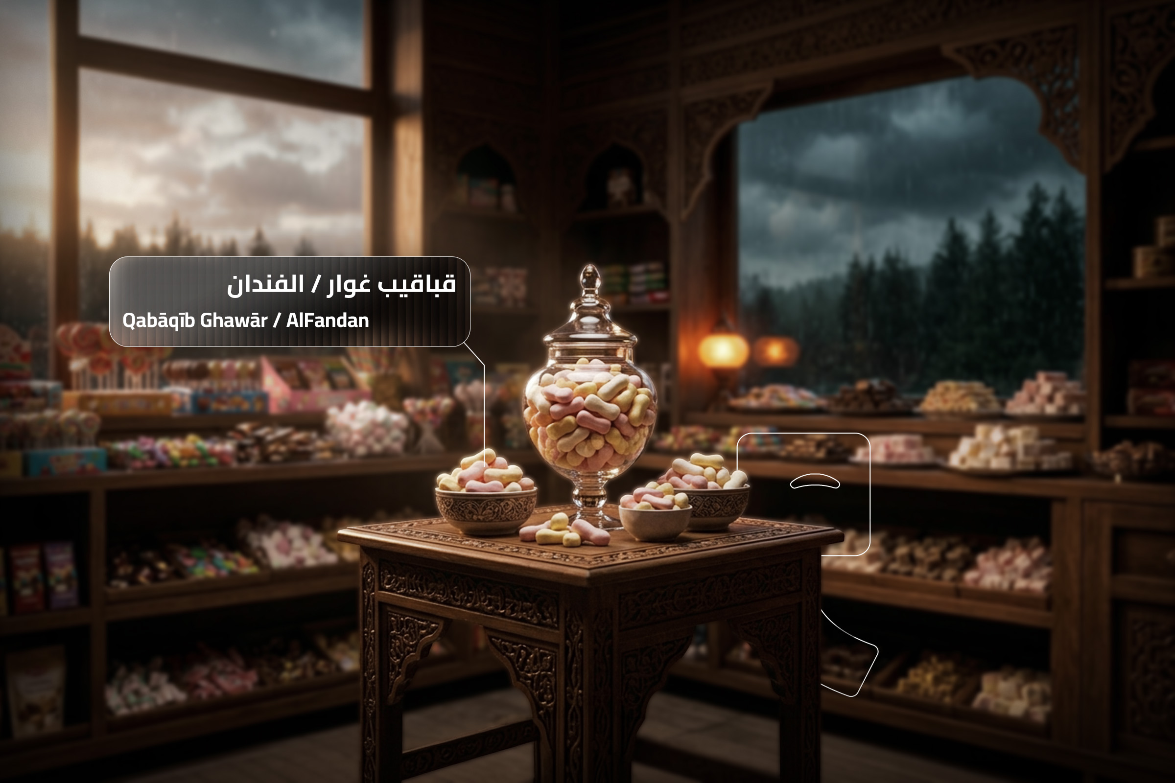 Qabaqib Ghawar (Al Fandan), colorful traditional Syrian fondant candies shaped in wooden molds, displayed in a nostalgic candy shop. Qabaqib Ghawar (Al Fandan), colorful traditional Syrian fondant candies shaped in wooden molds, displayed in a nostalgic candy shop.