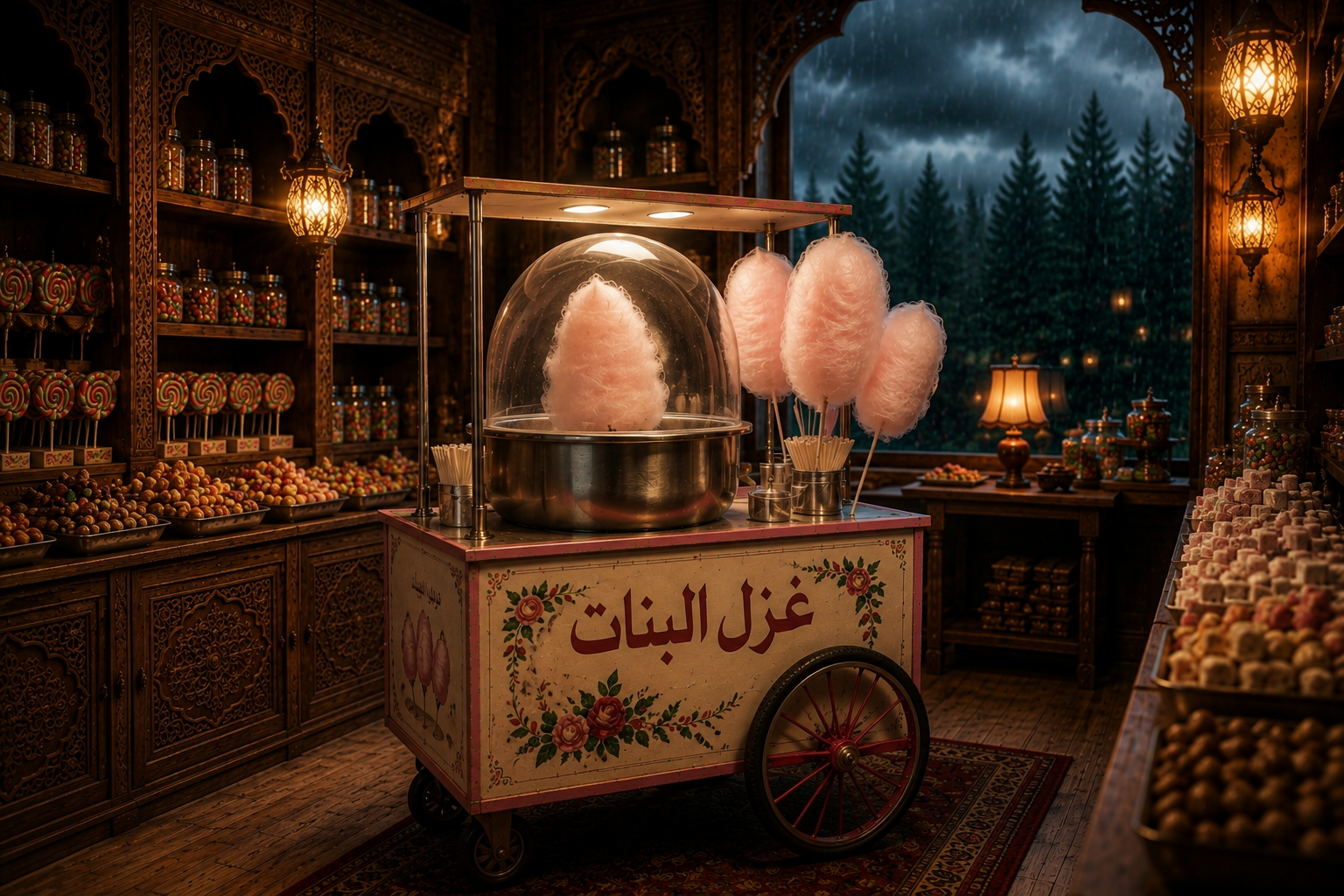 Traditional Syrian cotton candy cart (Ghazl Al-Banat) inside a nostalgic candy shop, featuring fluffy pink cotton candy and classic childhood sweets. Traditional Syrian cotton candy cart (Ghazl Al-Banat) inside a nostalgic candy shop, featuring fluffy pink cotton candy and classic childhood sweets.