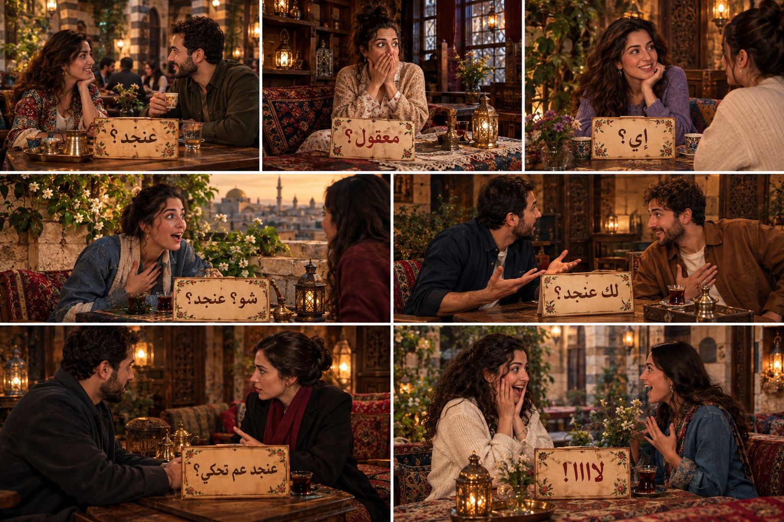 Seven illustrated scenes showing natural Syrian Arabic reactions such as “عنجد؟”, “معقول؟”, “إي؟”, “شو؟ عنجد؟”, “لك عنجد؟”, “عنجد عم تحكي؟”, and “لااا!” in everyday conversations. Seven illustrated scenes showing natural Syrian Arabic reactions such as “عنجد؟”, “معقول؟”, “إي؟”, “شو؟ عنجد؟”, “لك عنجد؟”, “عنجد عم تحكي؟”, and “لااا!” in everyday conversations.
