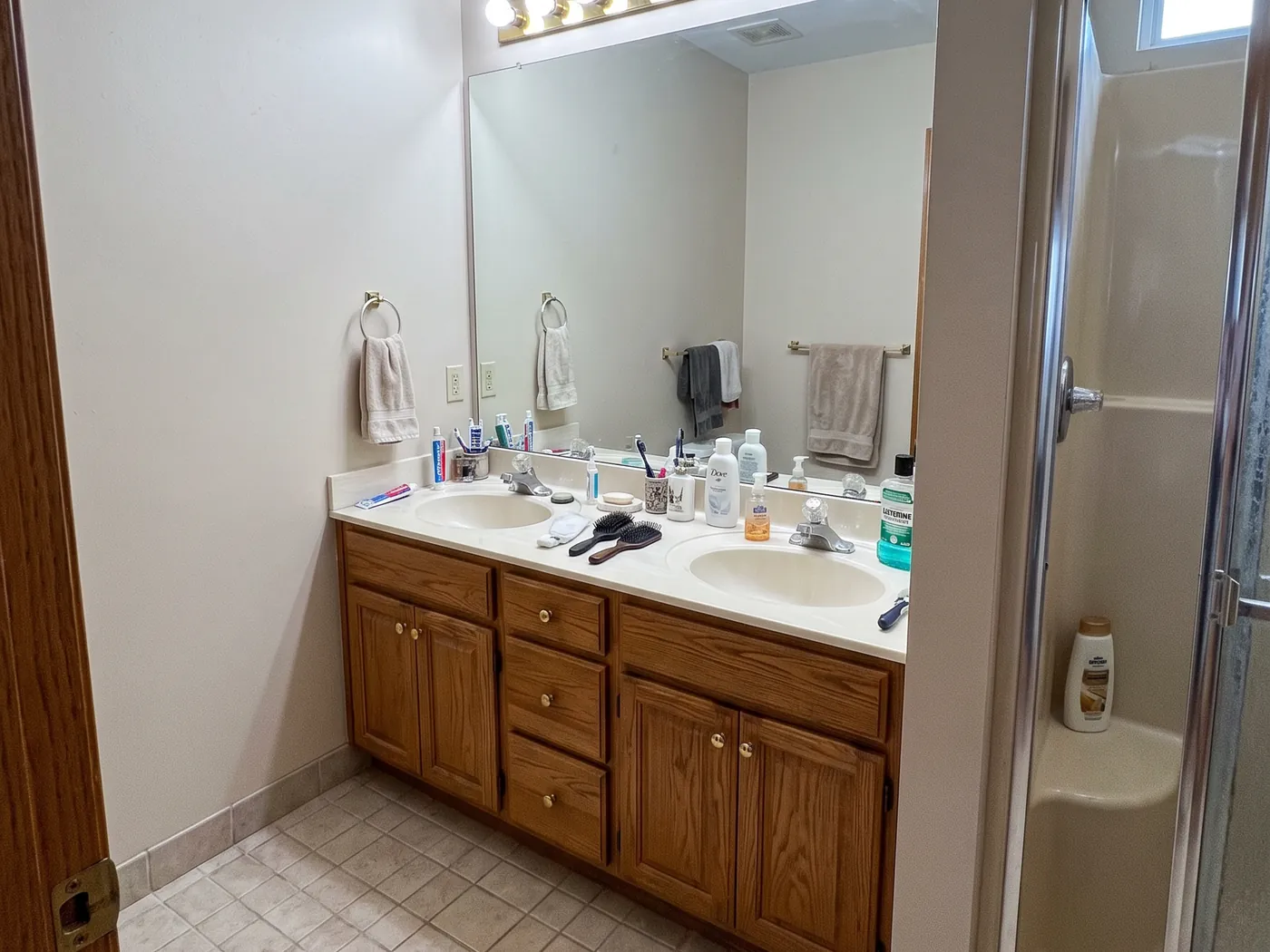 Before: master bath with an oak vanity