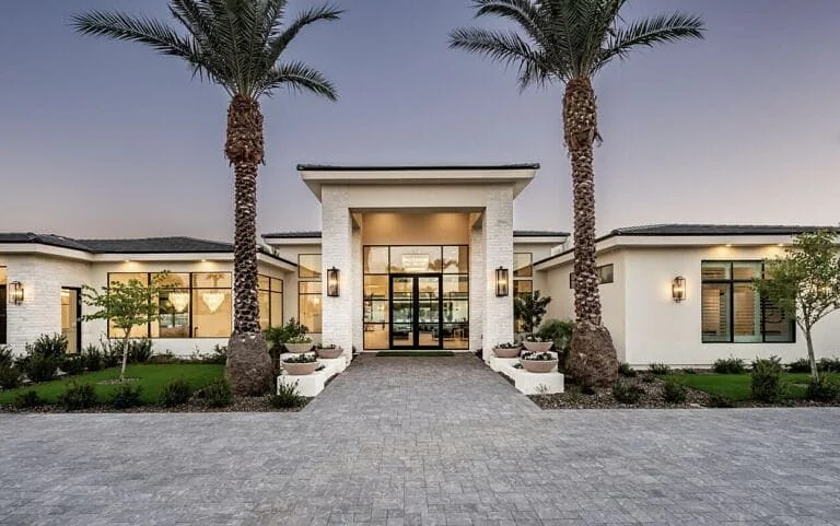 Front entry of the Paradise Valley estate at dusk