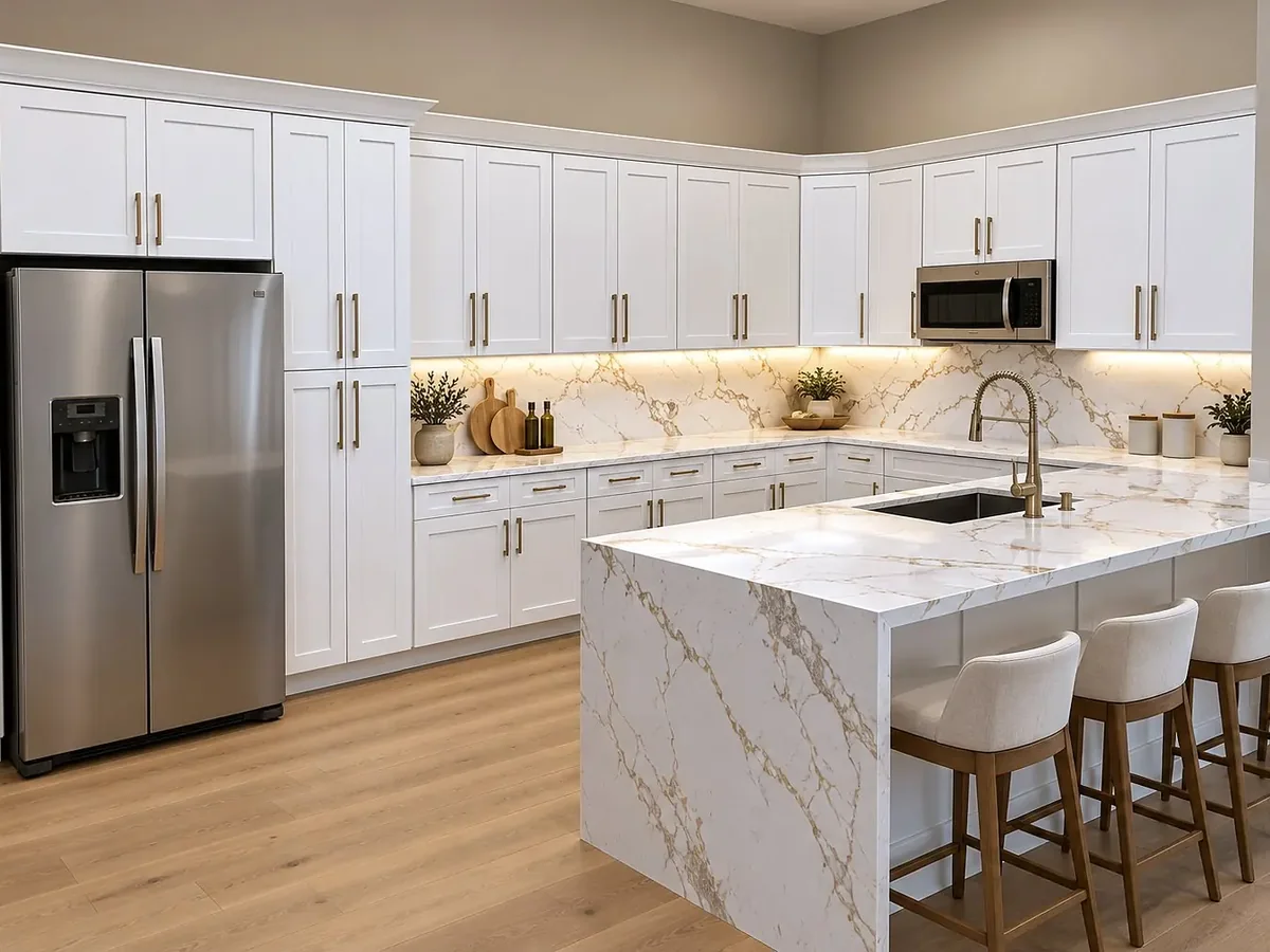 Kitchen with white shaker cabinets and a gold-veined stone waterfall island with bar stools
