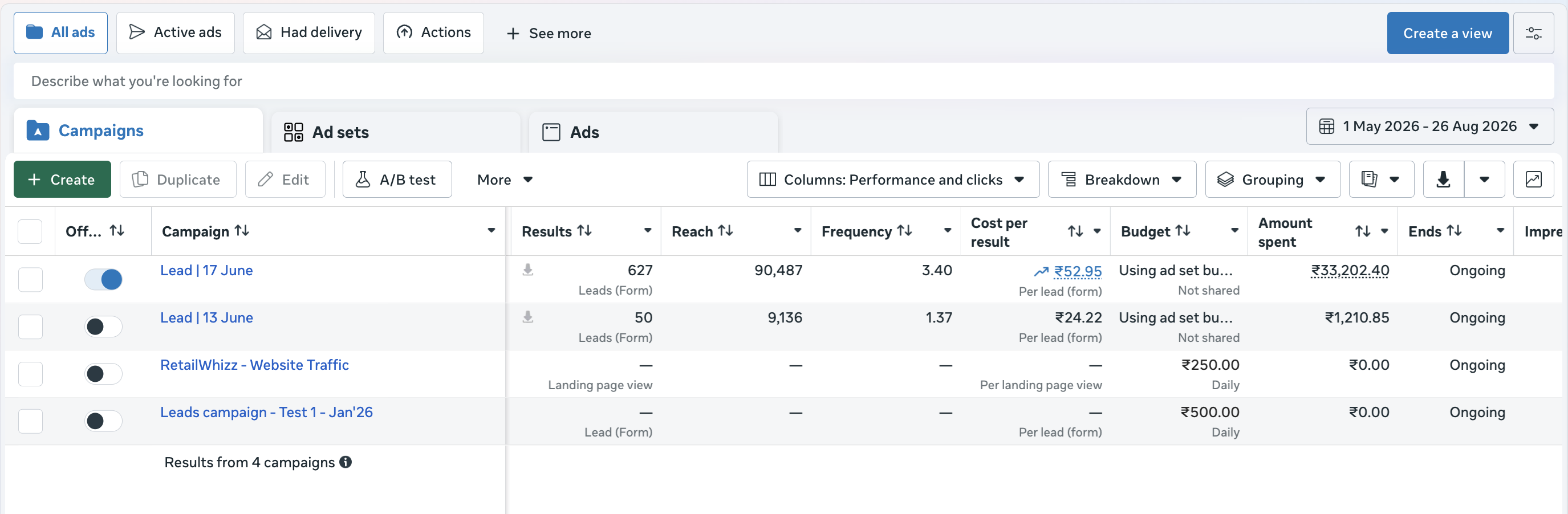 ERP software provider Meta Ads ad set results