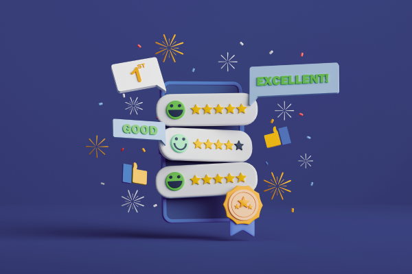 Customer submitting a positive online review on a mobile phone