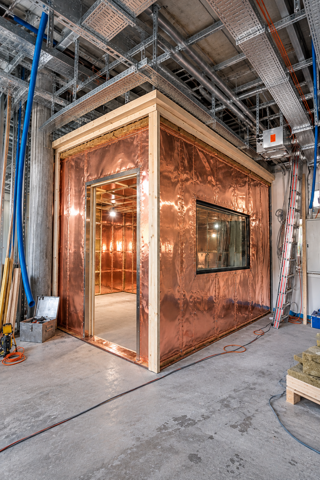 Jaula de Faraday con blindaje de cobre durante su instalación