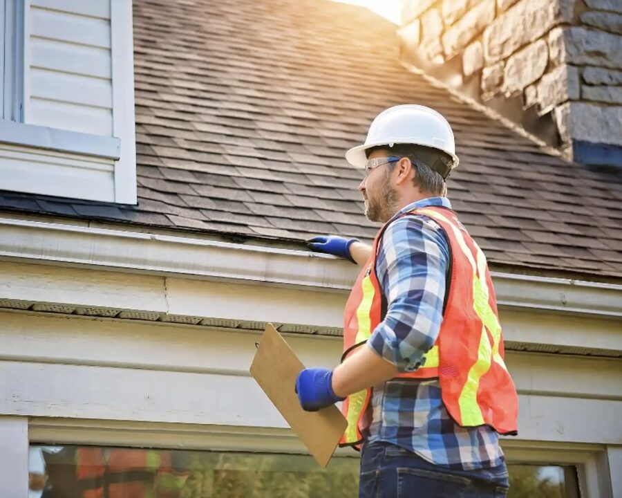 Roofing professional inspecting a residential roof for Protex Roofing Solutions