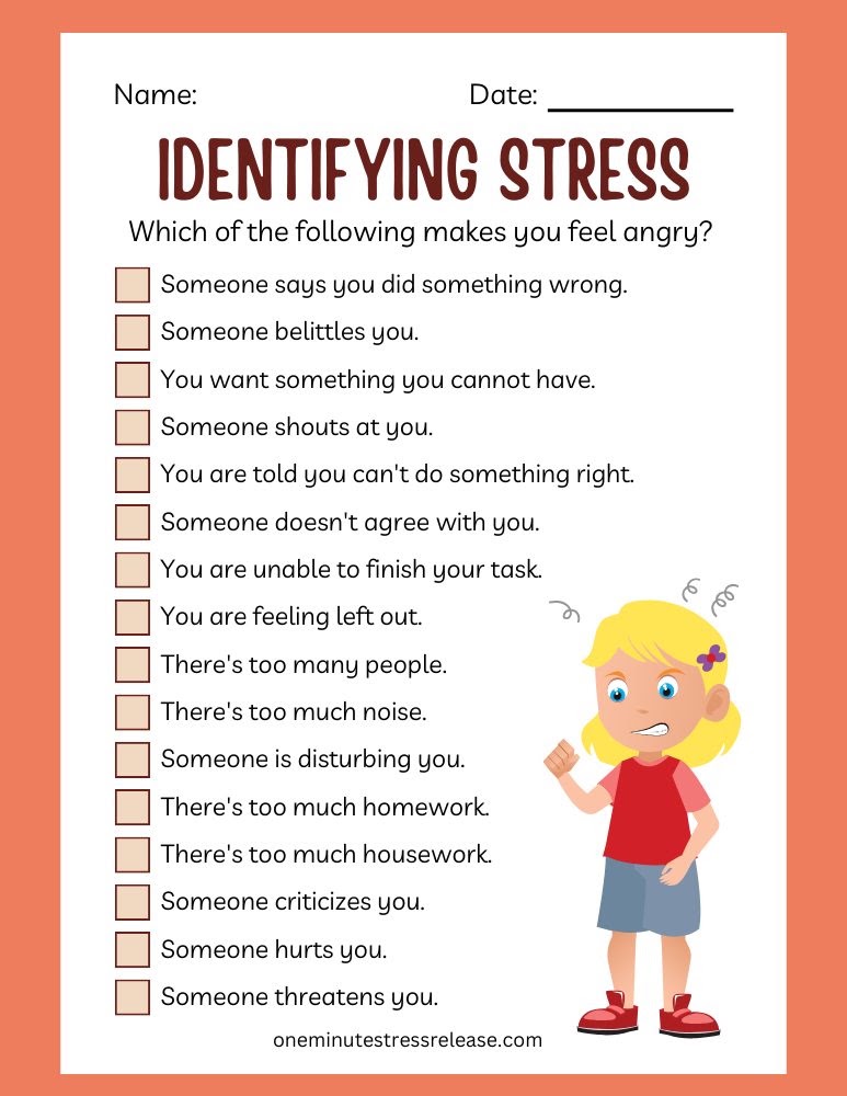 Identifying Stress worksheet for children with a checklist of situations that can make them feel angry