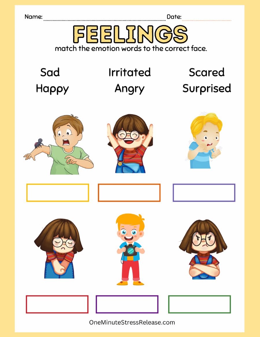 Matching Feelings to Pictures worksheet with children's faces to match to emotion words