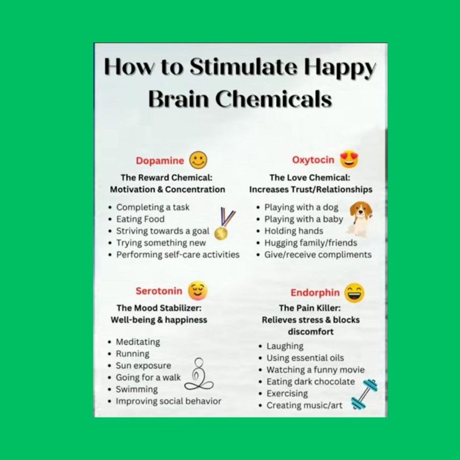 How to stimulate happy brain chemicals: dopamine, oxytocin, serotonin and endorphins, with everyday activities for each