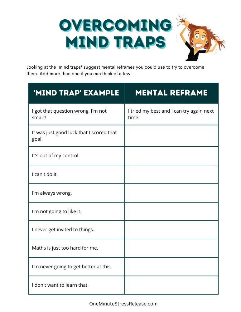 Overcoming Mind Traps worksheet with mind trap examples and space for a mental reframe