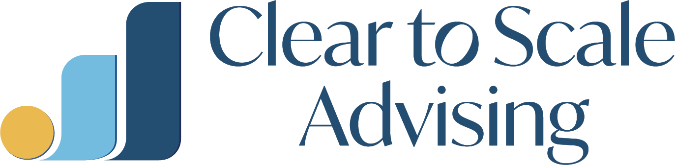 Clear to Scale Advising vertical logo with gold, light blue, and navy growth bars and modern serif typography
