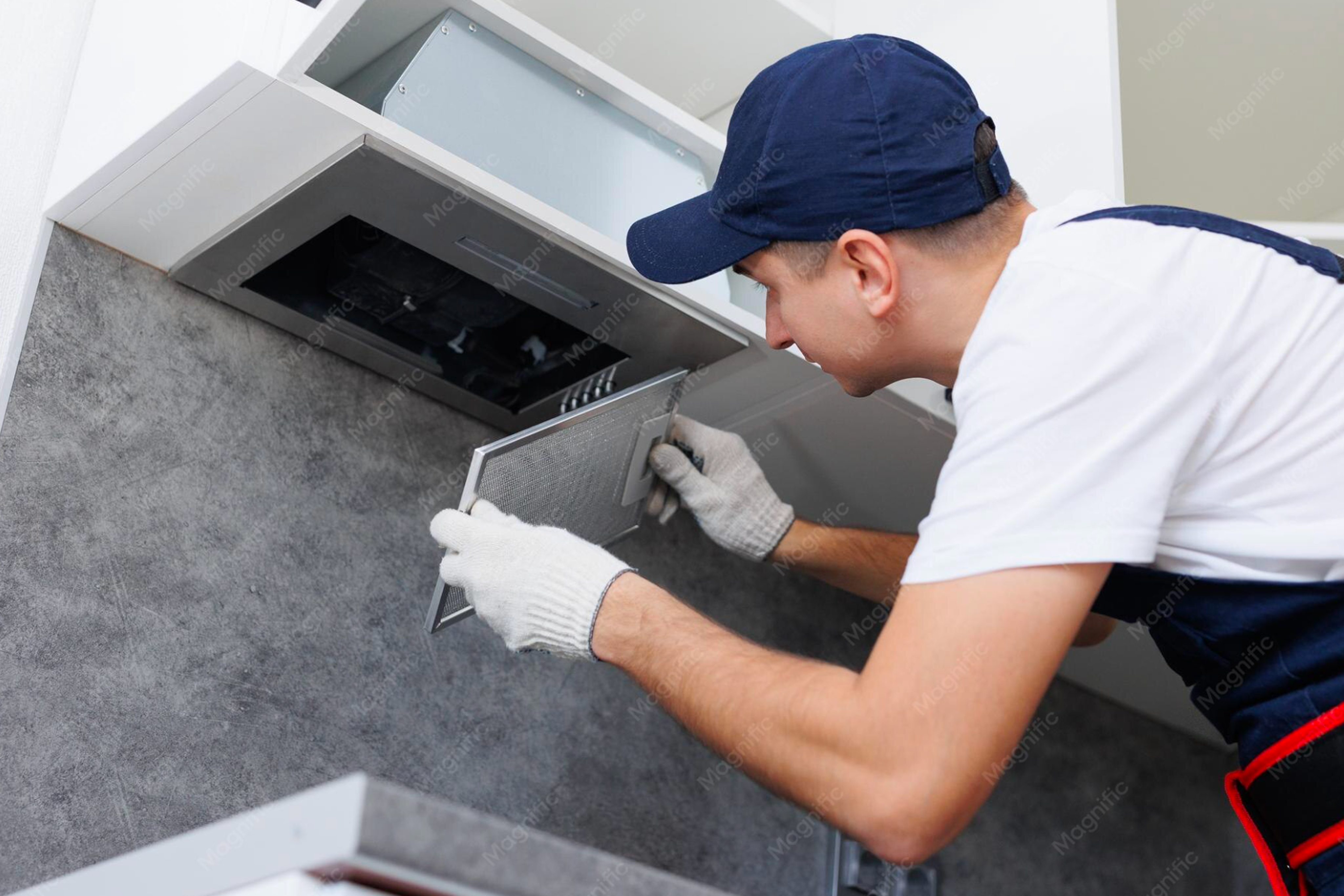 Technician performing refrigerator maintenance