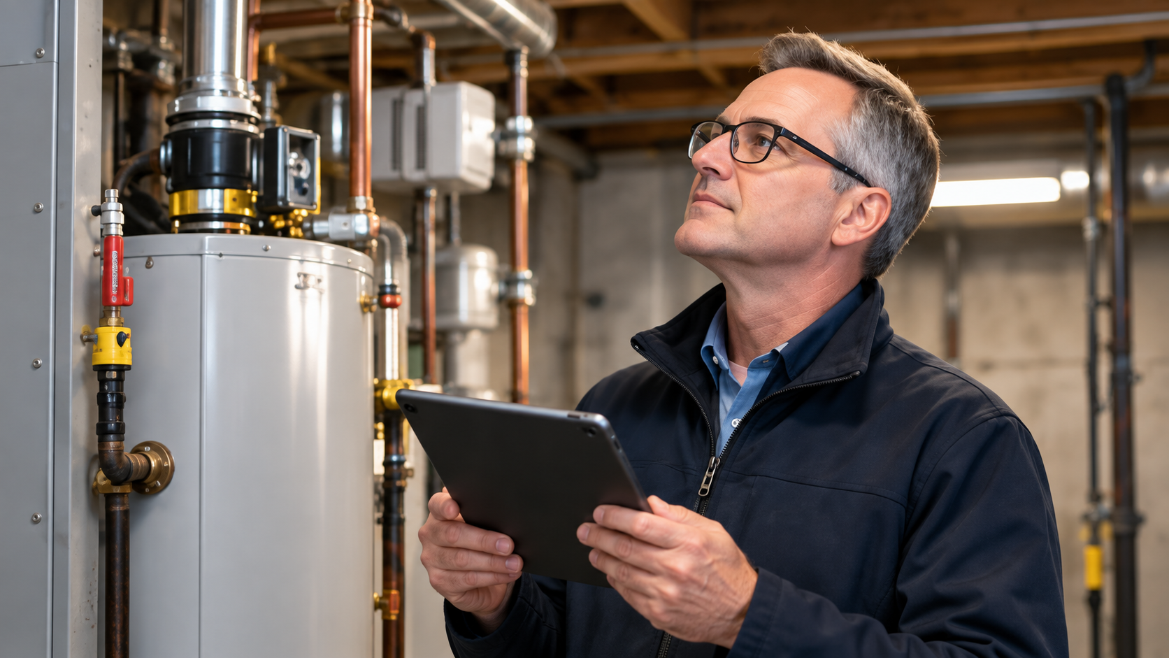 Operator inspecting a multifamily property's mechanical equipment