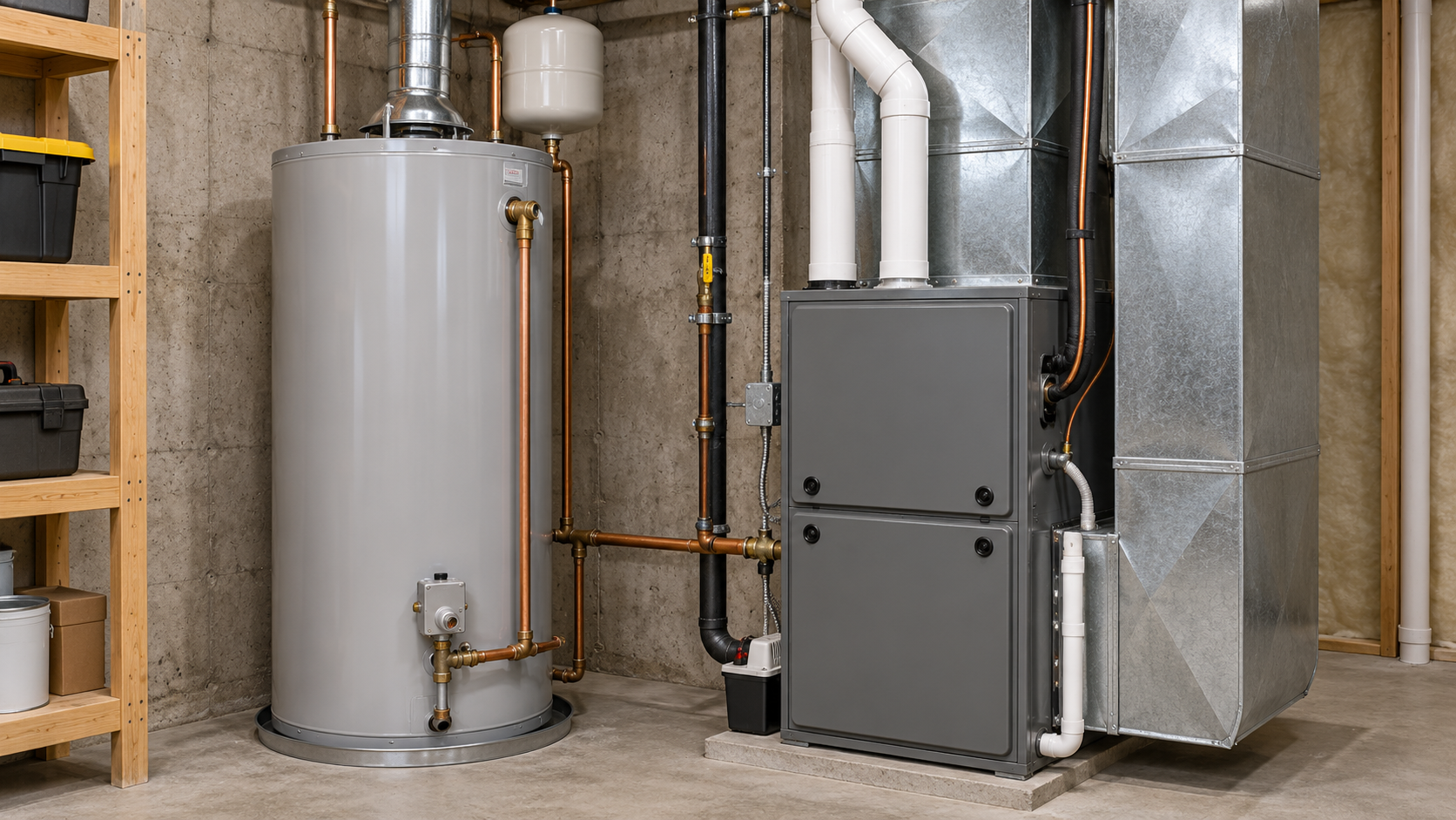 Water heater, furnace, ductwork, and plumbing systems