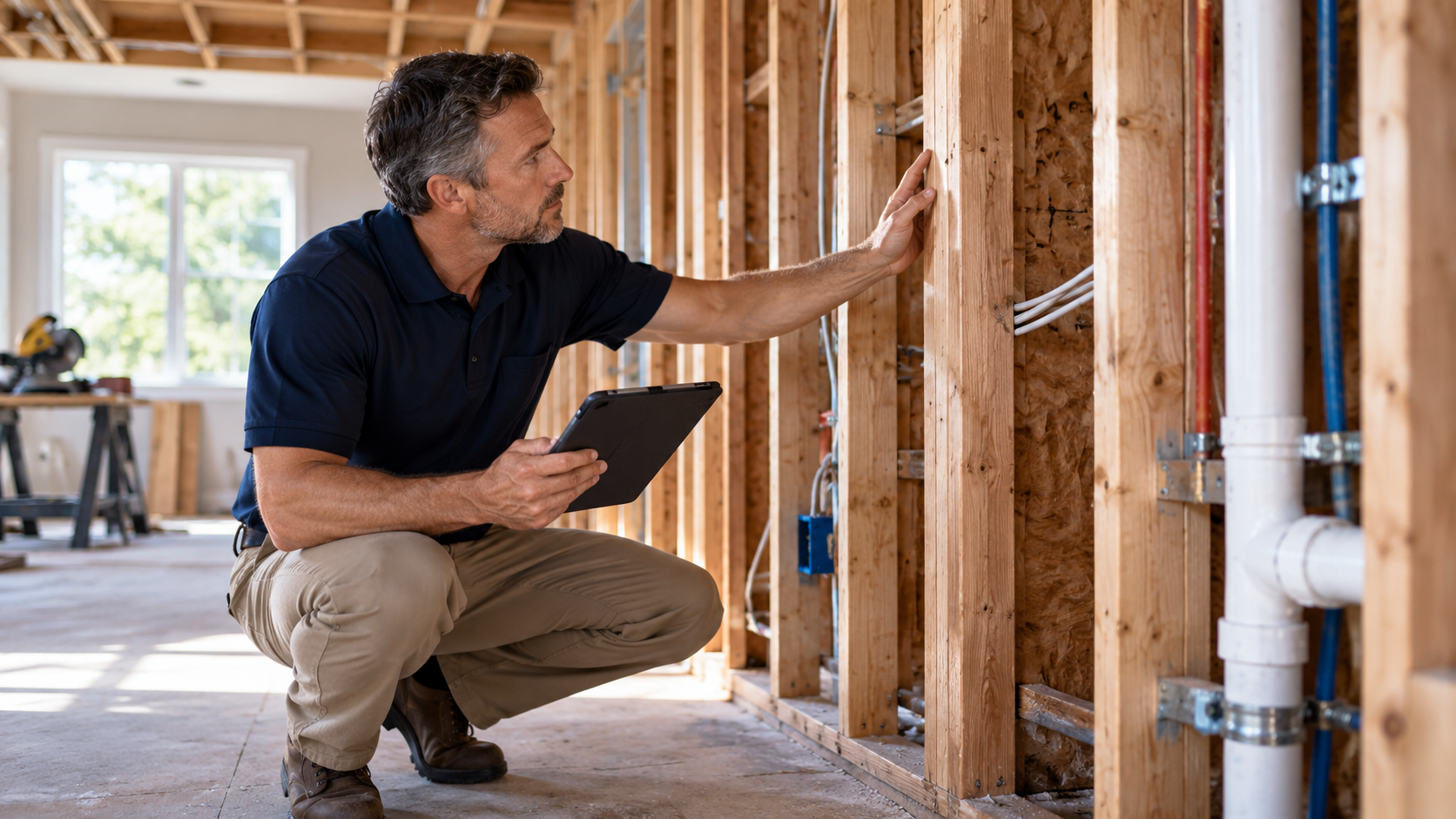 Hands-on inspection of a property's framing and utility lines