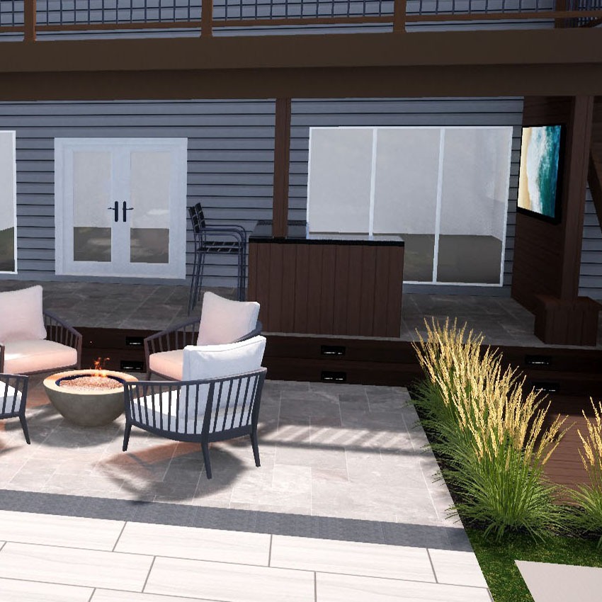 Modern patio with stylish seating, fire pit, and lush plants. Features sliding doors, deck area, and a large window. Cozy outdoor setting.