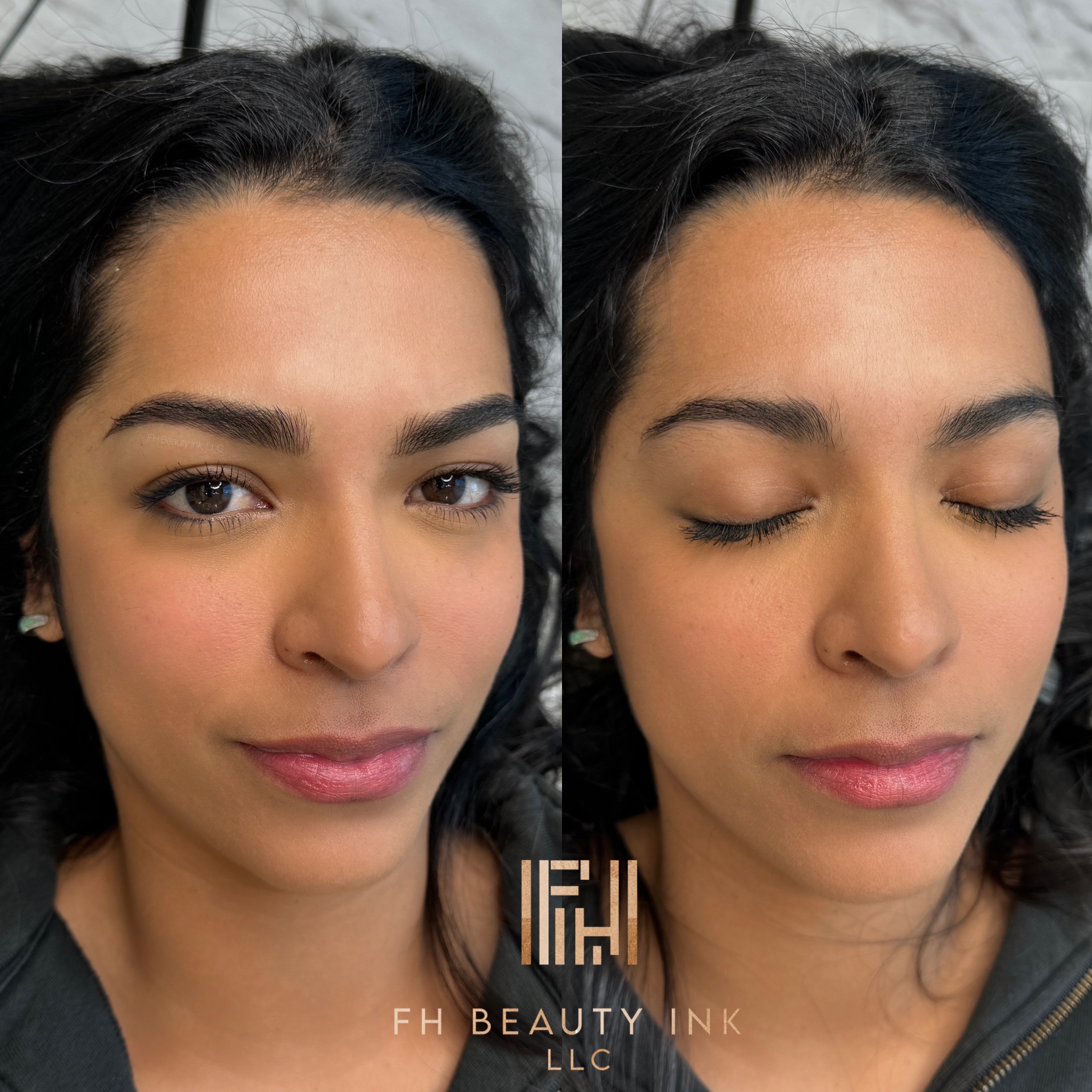 Before and after microblading results showing a bold, defined brow shape from FH Beauty Ink