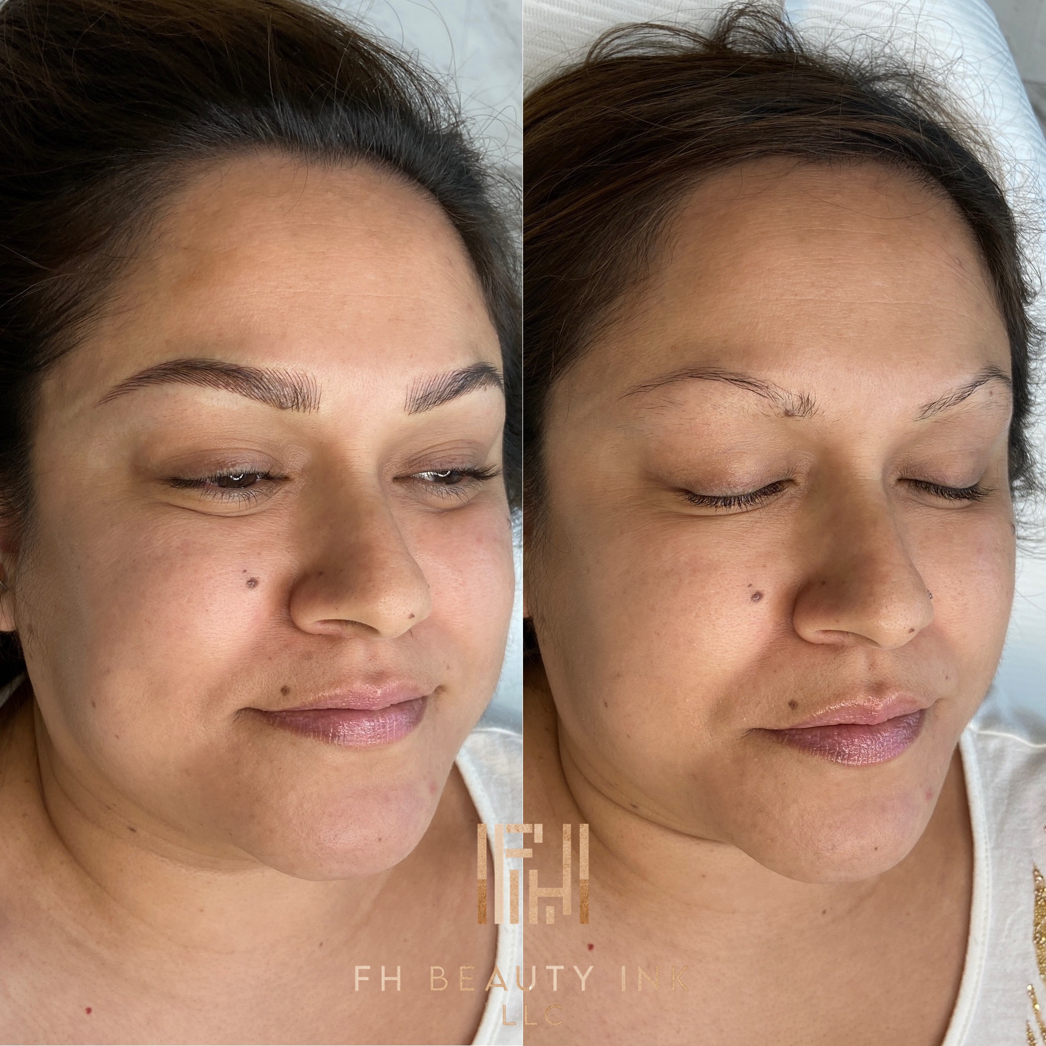 Before and after microblading creating a soft, feathered look by FH Beauty Ink