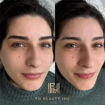 Before and after microblading creating a soft, feathered look by FH Beauty Ink