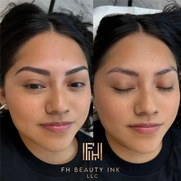Before and after microblading results showing a bold, defined brow shape from FH Beauty Ink