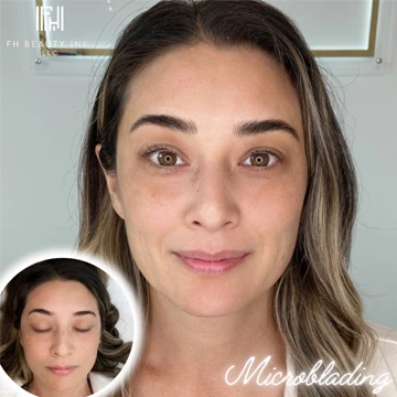 Before and after microblading touch-up showing refreshed natural everyday brows by FH Beauty Ink Burbank