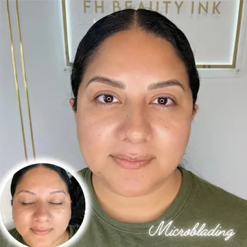 Microblading touch-up results showing enhanced soft feathered brow look by FH Beauty Ink