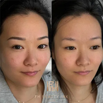 Before and after microblading consultation and results showing natural everyday brows by FH Beauty Ink Burbank