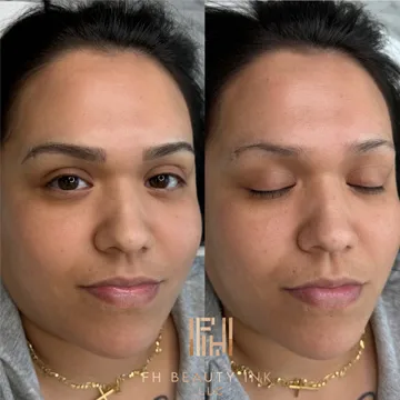 Microblading consultation brow mapping and final results showing soft feathered look by FH Beauty Ink