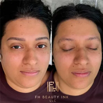 Before and after microblading results showing a bold, defined brow shape from FH Beauty Ink
