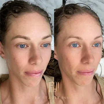 Professional microblading results creating bold defined brow shape by FH Beauty Ink Los Angeles following allergy test