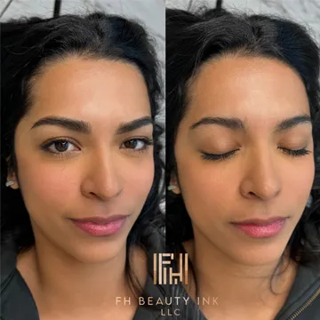 Before and after microblading results showing a bold, defined brow shape from FH Beauty Ink