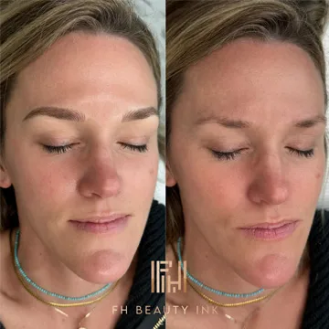 Before and after microblading creating a soft, feathered look by FH Beauty Ink