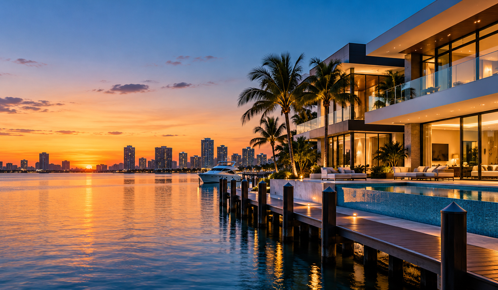 Contemporary waterfront architecture in Florida at dusk