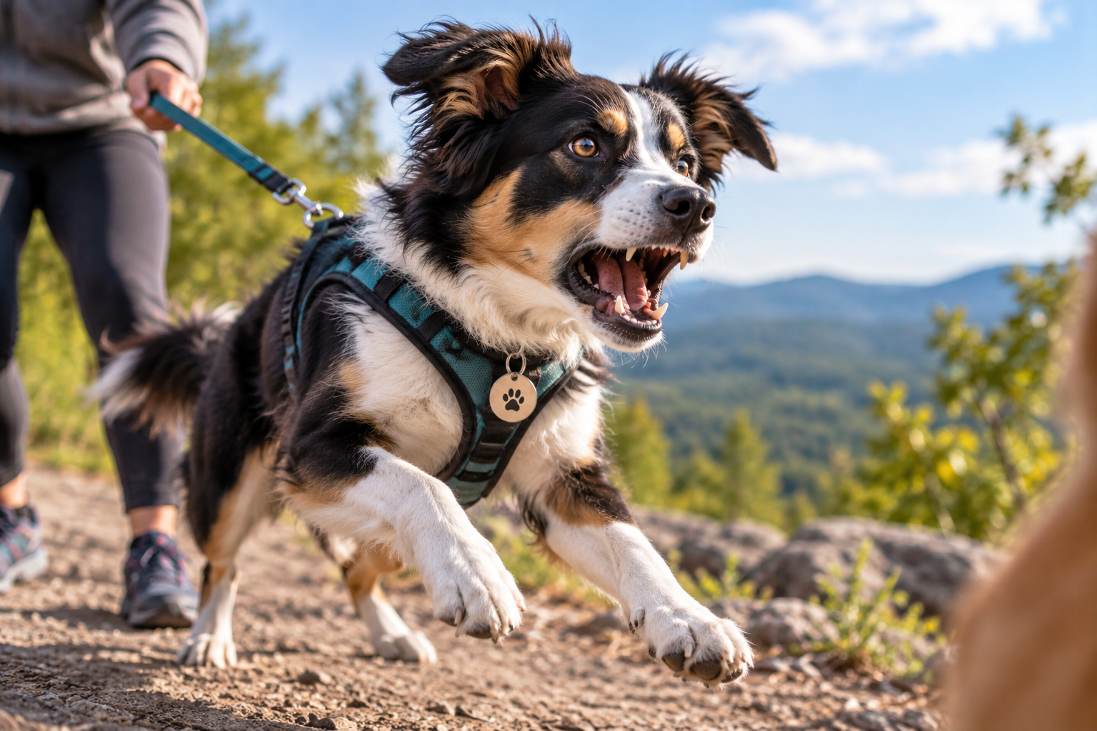 Reactive dog on leash outdoors