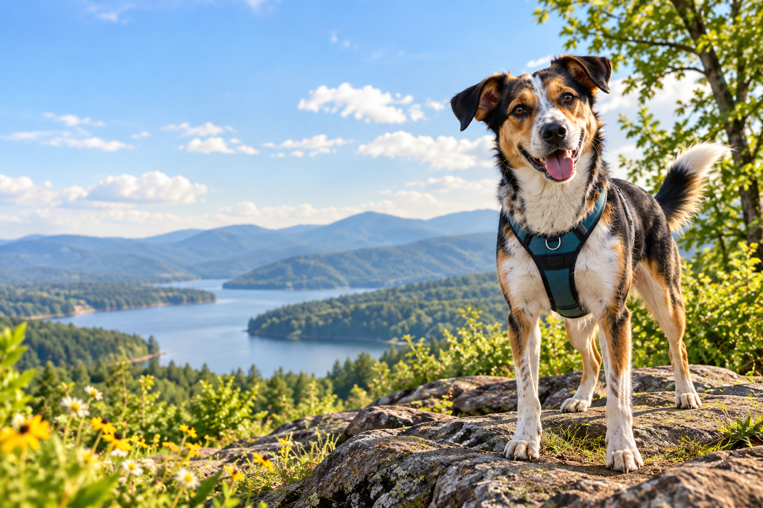 A person sitting calmly with their newly adopted rescue dog, both relaxed and connected in a sunlit outdoor setting with blue sky, mountains, and trees