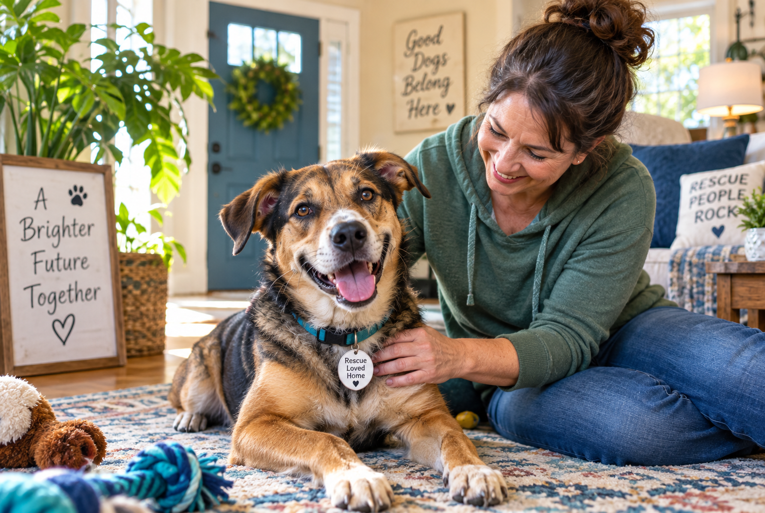 An adopted rescue dog and their person together in a warm, welcoming home environment