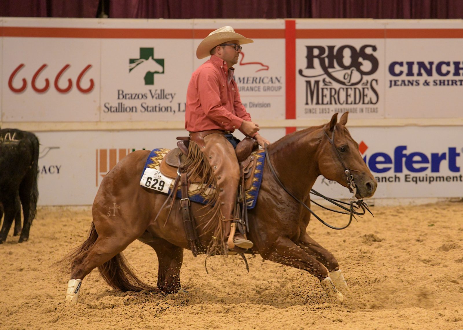 Rider in a red shirt and cowboy hat on a horse in an arena