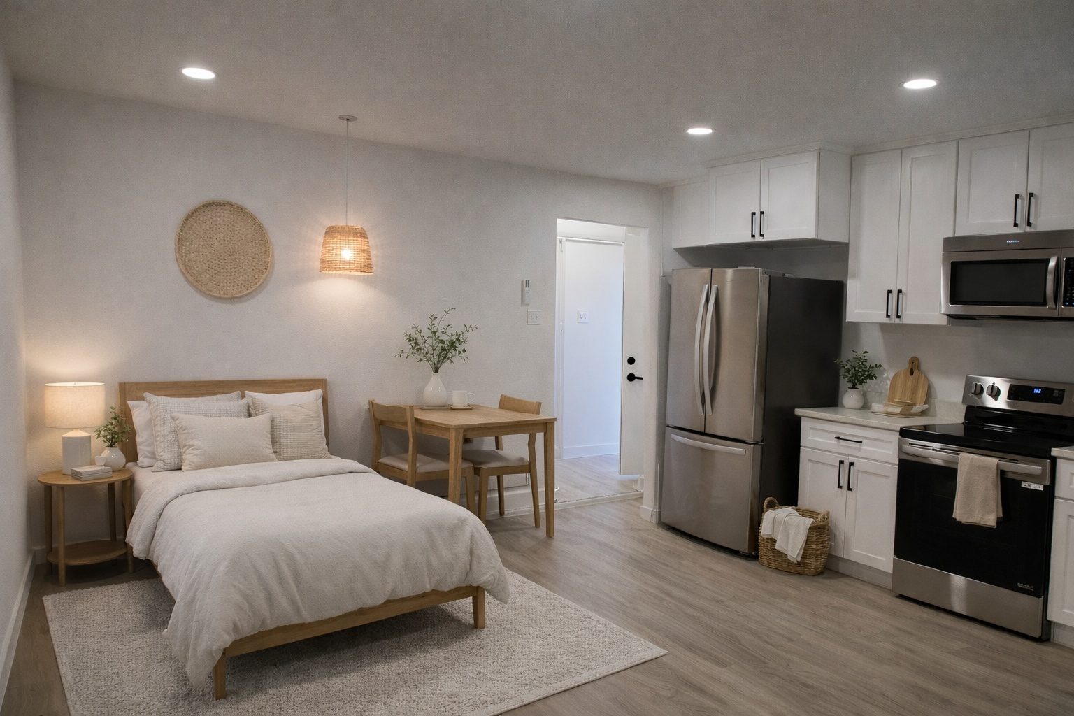 Studio-style living space with a bed, dining table and compact kitchen
