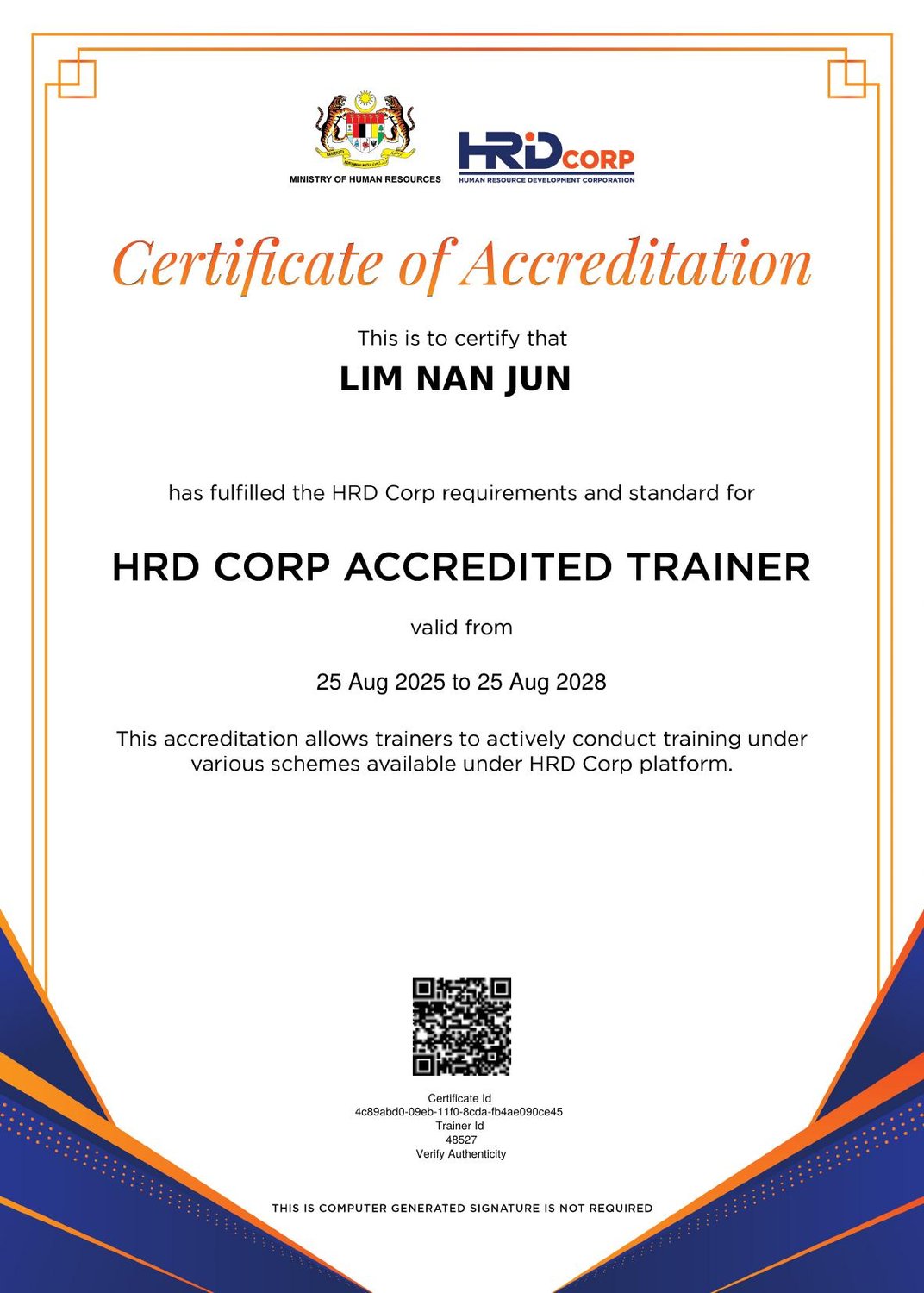 HRD Corp Accredited Trainer certificate