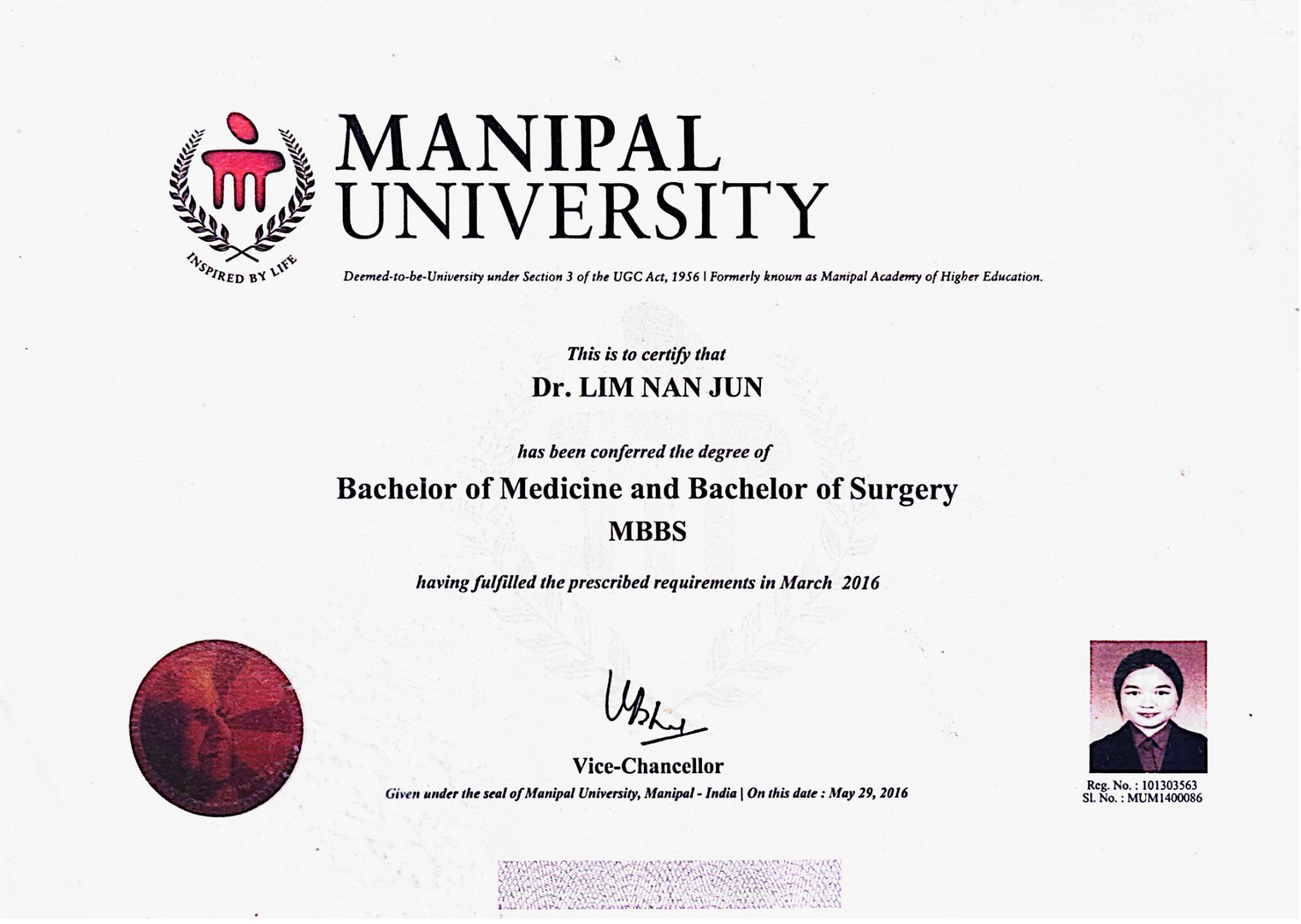 MBBS certificate from Manipal University
