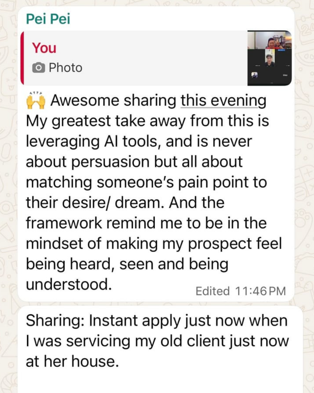Testimonial screenshot from Pei-pei.